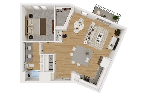 Floor plan for 1 bed, 1 bath, 838 sqft